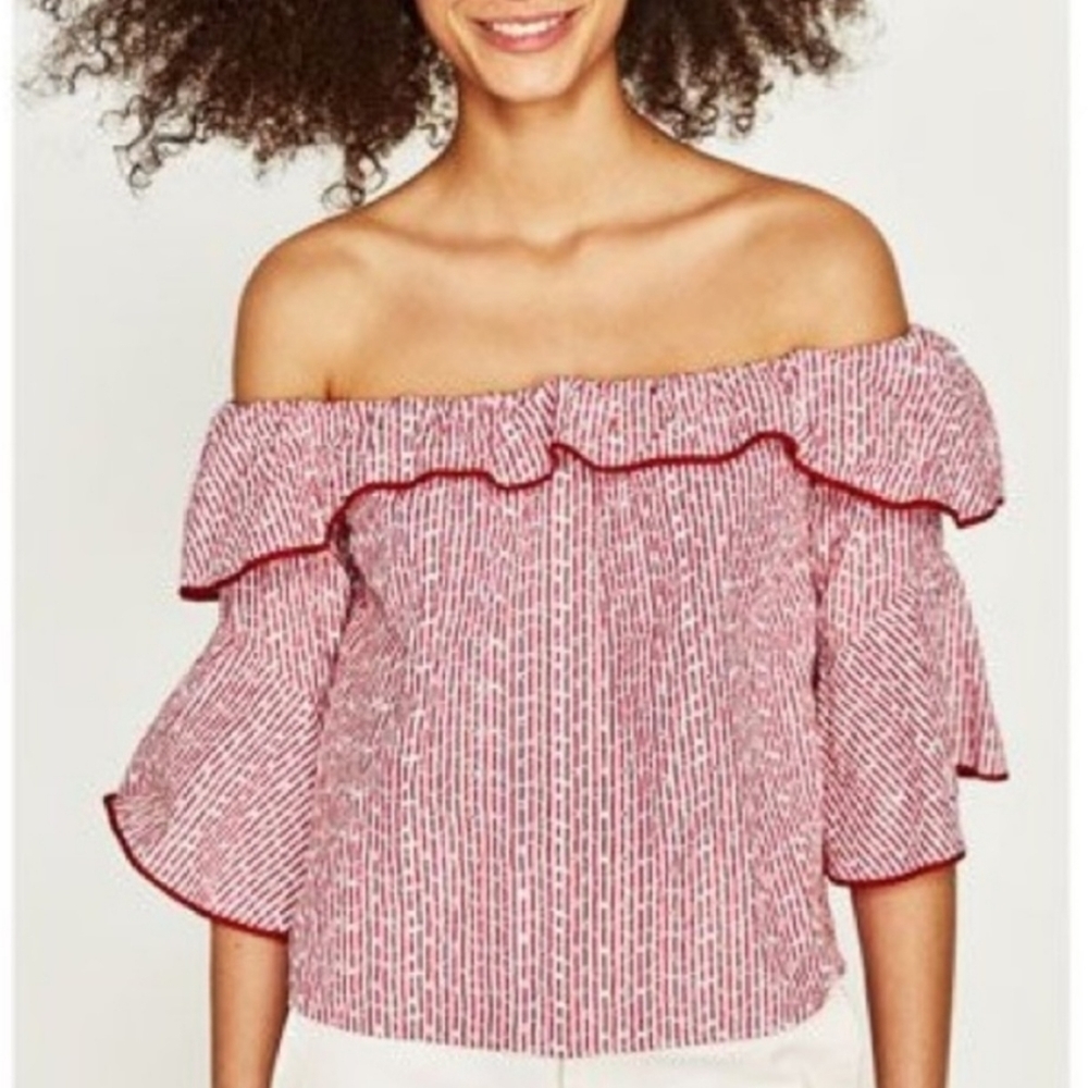 Zara red & white striped off-shoulder ruffle sleeve embroidered top- size XS